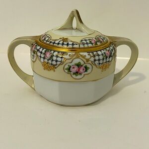 NIPPON Hand Painted Sugar Bowl Pink & Blue Flowers Gold. Green Royal Mark